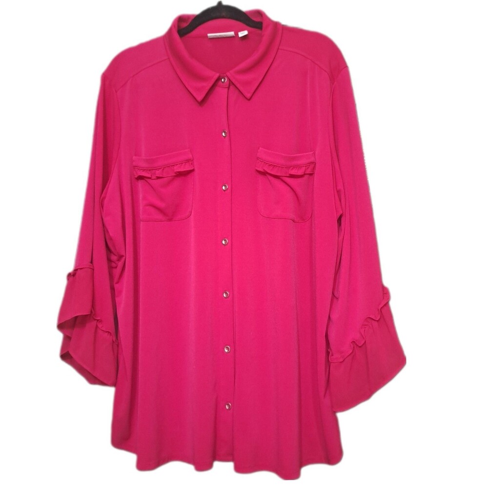 Susan Graver Pink Blouse Women 2X Ruffle Flutter Bell 3/4 Sleeve Button Up